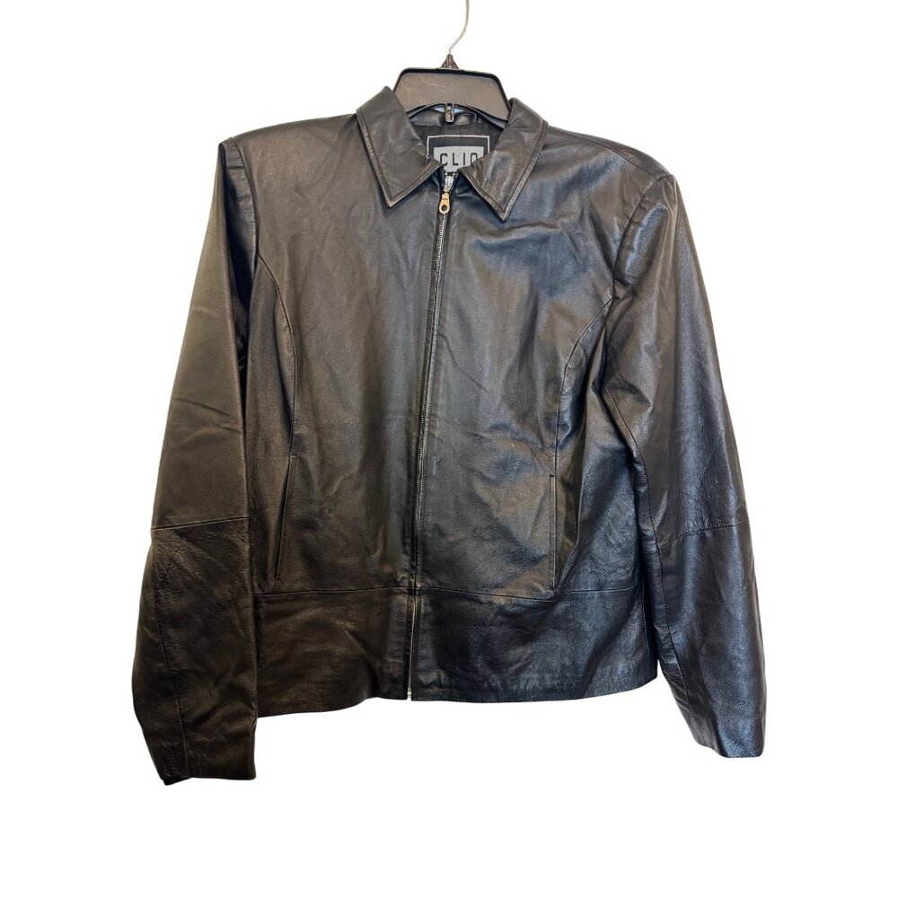 Clio Womens Black Leather Jacket Zip Front Size L